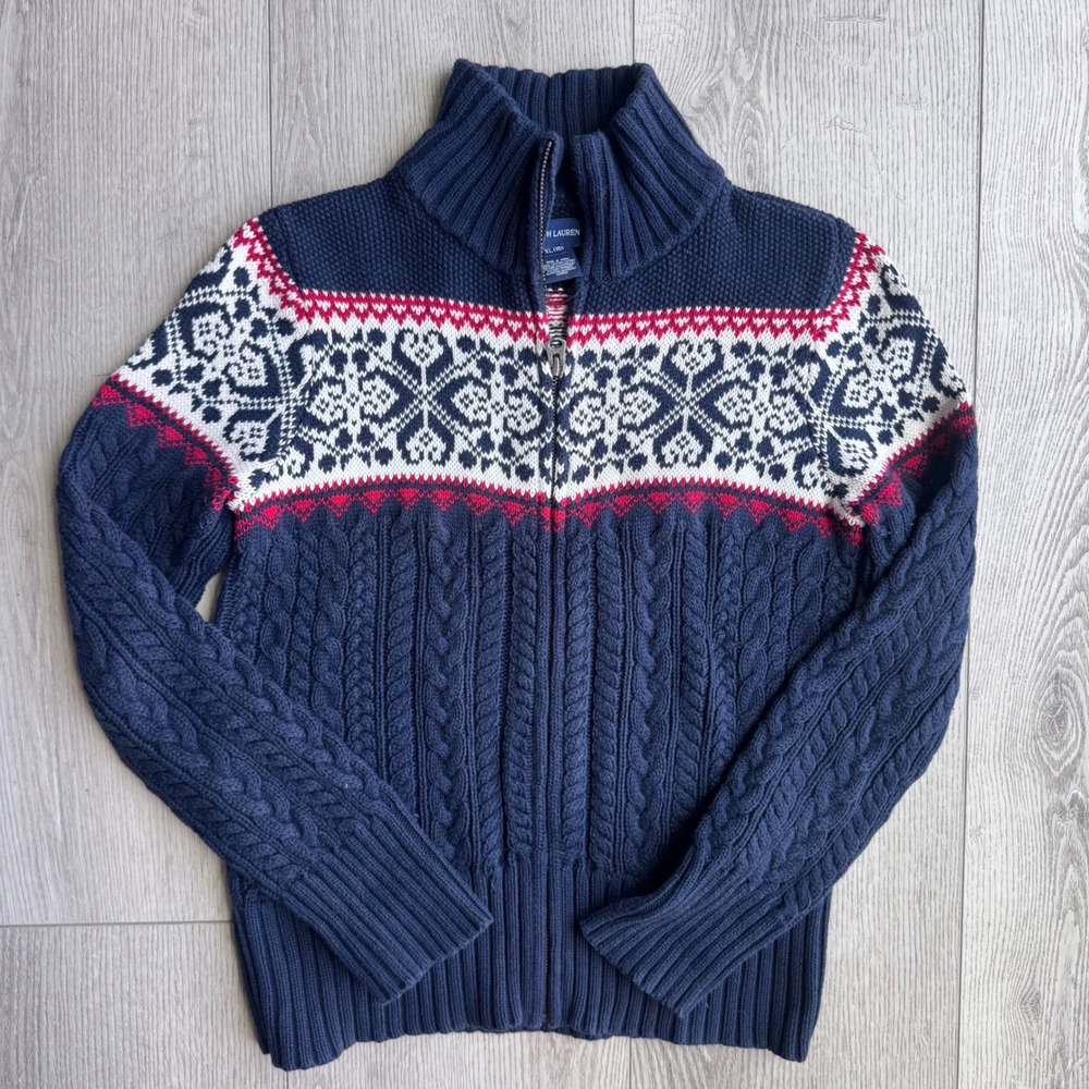 Ralph Lauren Boys XL 16 Fair Isle Cable Knit Full Zip Sweater Navy Red White